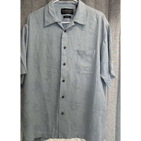 Zylos Gold George Machado 100% Silk short sleeve Shirt Blue button up Large Mens - Picture 1 of 5